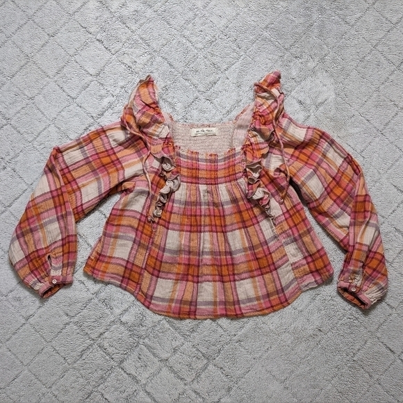 Free People Siena Plaid Shirt Women's XS Orange Pink Tea Combo Smock Ruffle Top - Picture 1 of 6